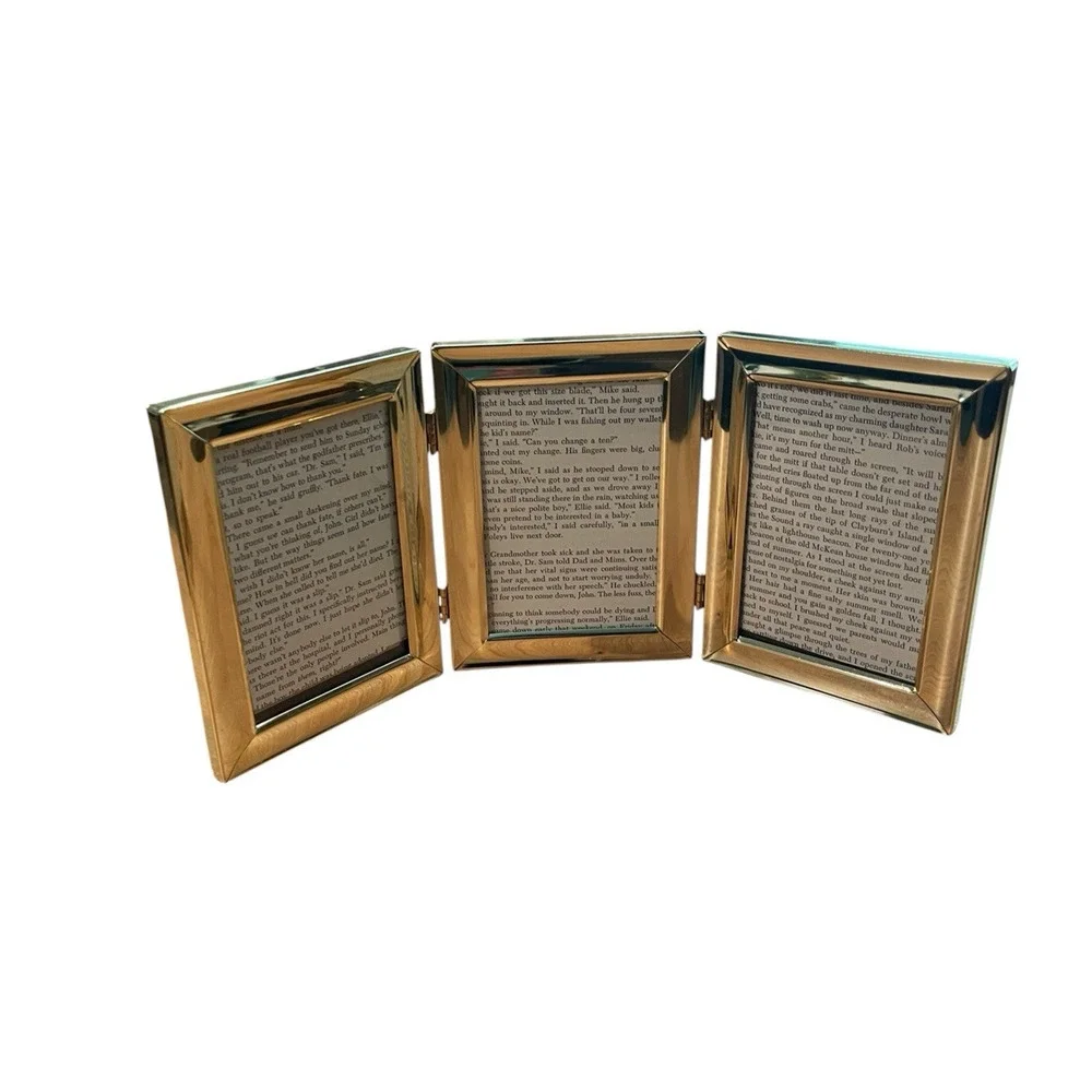 Vintage Gold Metal Tri-Fold Picture Frame | Holds Three 3x5 Photos | Minimalist